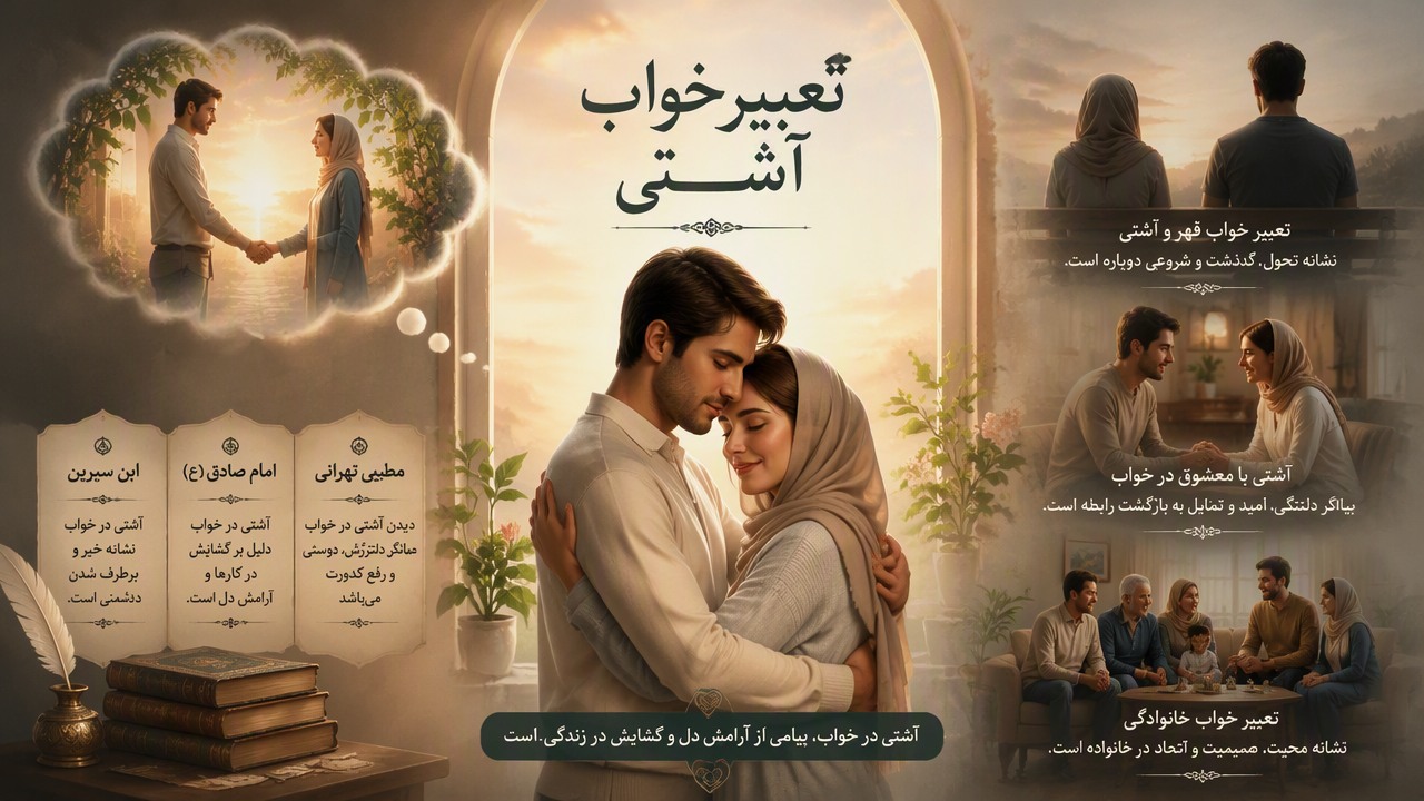 تعبیر خواب آشتی با شوهر, آشتی در خواب, تعبیر خواب آشتی زن و شوهر, آشتی با همسر سابق, تعبیر خواب قهر و آشتی, ابن سیرین آشتی, امام صادق تعبیر خواب آشتی, مطیعی تهرانی آشتی, آشتی با معشوق در خواب, تعبیر خواب خانوادگی,
