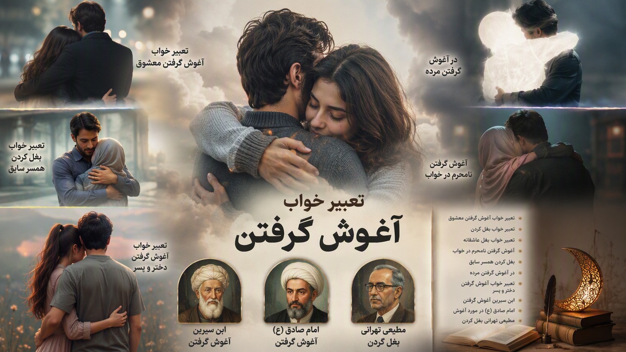 تعبیر خواب آغوش گرفتن معشوق, تعبیر خواب بغل کردن, تعبیر خواب بغل عاشقانه, آغوش گرفتن نامحرم در خواب, بغل کردن همسر سابق, در آغوش گرفتن مرده, تعبیر خواب آغوش گرفتن دختر و پسر, ابن سیرین آغوش گرفتن, امام صادق آغوش, مطیعی تهرانی بغل کردن, 