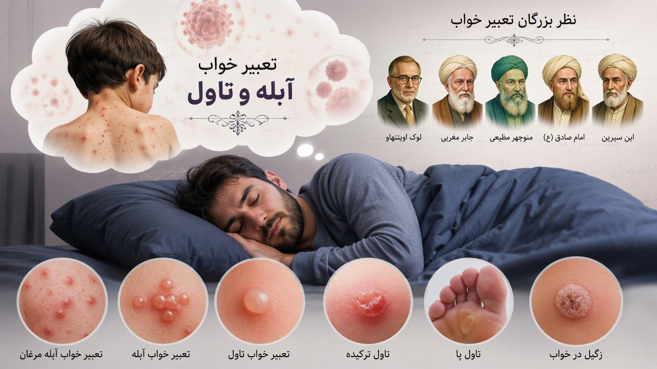 تعبیر خواب آبله مرغان, تعبیر خواب آبله, تعبیر خواب تاول, ابن سیرین آبله, امام صادق تعبیر خواب, منوچهر مطیعی آبله, جابر مغربی, لوک اویتنهاو, تاول ترکیده, تاول پا, زگیل در خواب,