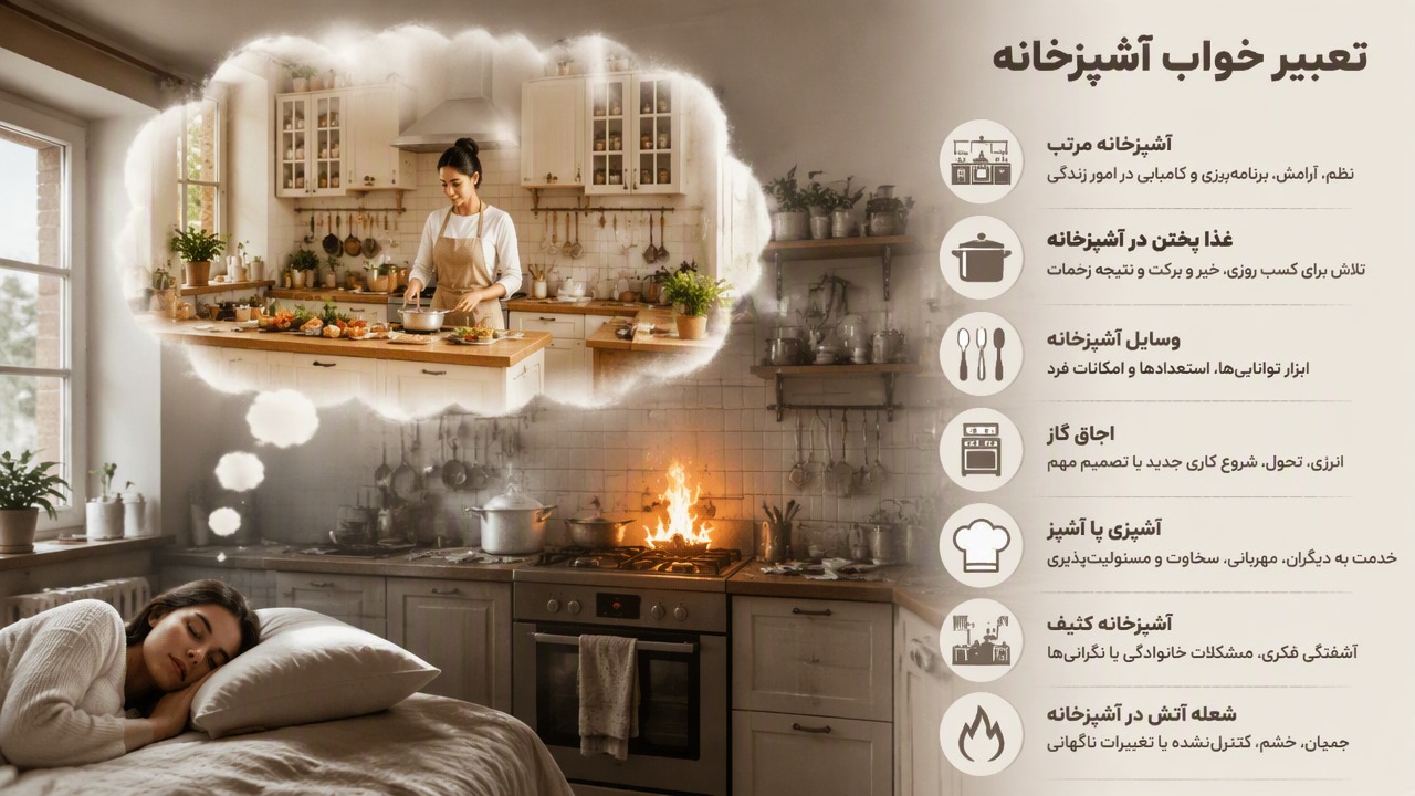 تعبیر خواب آشپزخانه, تعبیر خواب آشپزخانه مرتب, تعبیر خواب غذا پختن در آشپزخانه, تعبیر خواب وسایل آشپزخانه, تعبیر خواب اجاق گاز, تعبیر خواب آشپزی, تعبیر خواب آشپز, نماد آشپزخانه در خواب, تعبیر خواب آشپزخانه کثیف, تعبیر خواب شعله آتش در آشپزخانه, 