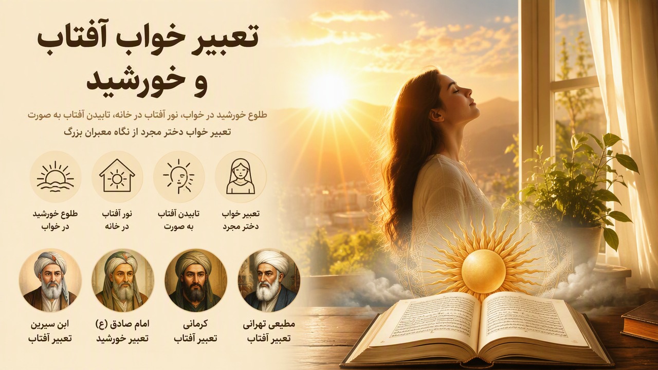 تعبیر خواب آفتاب, تعبیر خواب خورشید, طلوع خورشید در خواب, نور آفتاب در خانه, تابیدن آفتاب به صورت, تعبیر خواب دختر مجرد, ابن سیرین آفتاب, امام صادق تعبیر خورشید, کرمانی تعبیر آفتاب, مطیعی تهرانی آفتاب,