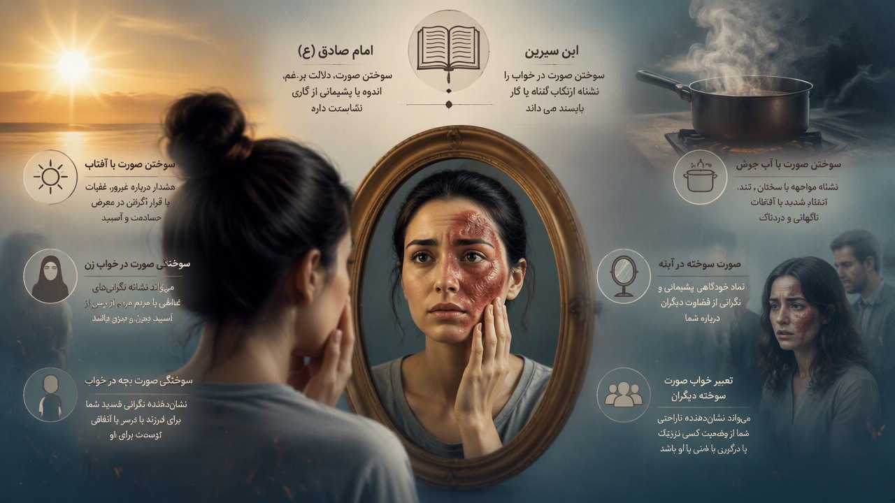 تعبیر خواب آفتاب سوختگی صورت, تعبیر خواب سوختن صورت, سوختگی صورت در خواب زن, ابن سیرین سوختن صورت, امام صادق سوختن صورت, صورت سوخته در آینه, سوختن صورت با آفتاب, تعبیر خواب صورت سوخته دیگران, سوختن صورت با آب جوش, سوختگی صورت بچه در خواب,
