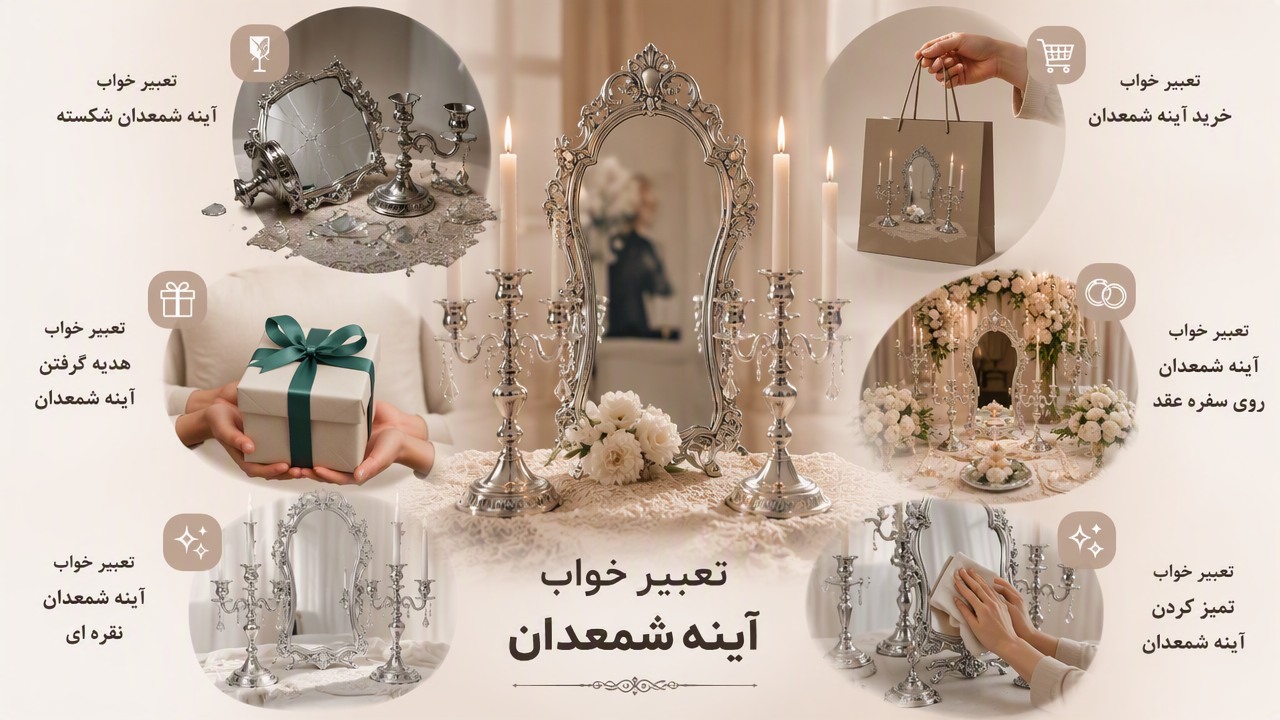 تعبیر خواب آینه شمعدان, تعبیر خواب آینه شمعدان شکسته, تعبیر خواب خرید آینه شمعدان, تعبیر خواب هدیه گرفتن آینه شمعدان, تعبیر خواب آینه شمعدان روی سفره عقد, تعبیر خواب آینه شمعدان نقره ای, تعبیر خواب تمیز کردن آینه شمعدان,