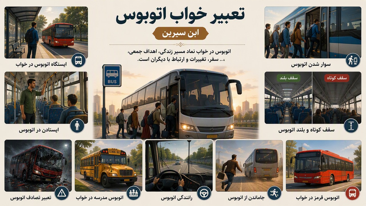 تعبیر خواب اتوبوس ابن سیرین, سوار شدن اتوبوس, ایستگاه اتوبوس در خواب, ایستادن در اتوبوس, سقف کوتاه و بلند اتوبوس, تعبیر تصادف اتوبوس, اتوبوس مدرسه در خواب, رانندگی اتوبوس, جاماندن از اتوبوس, اتوبوس قرمز در خواب,