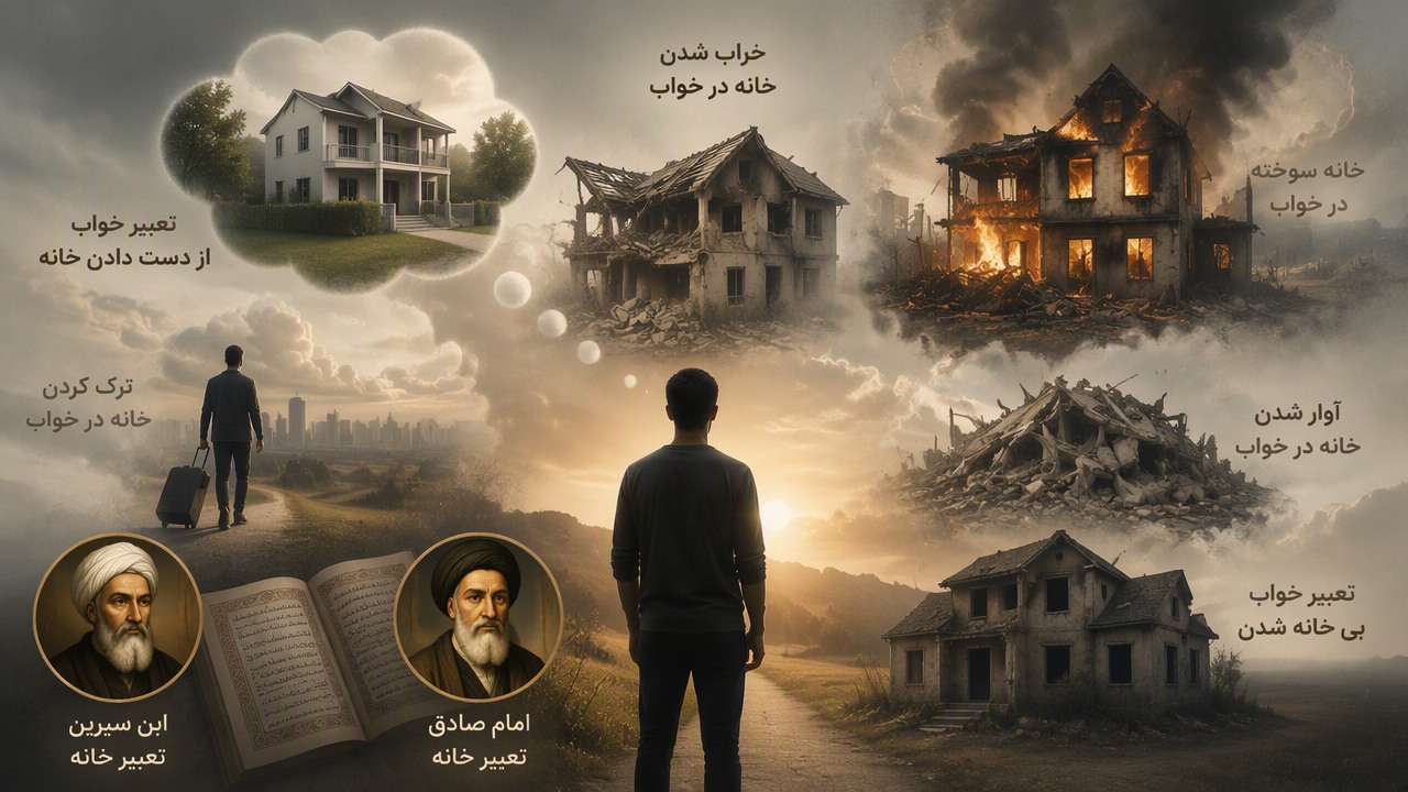تعبیر خواب از دست دادن خانه, تعبیر خواب بی خانه شدن, خراب شدن خانه در خواب, ترک کردن خانه در خواب, خانه سوخته در خواب, ابن سیرین خانه, امام صادق تعبیر خانه, آوار شدن خانه در خواب, 