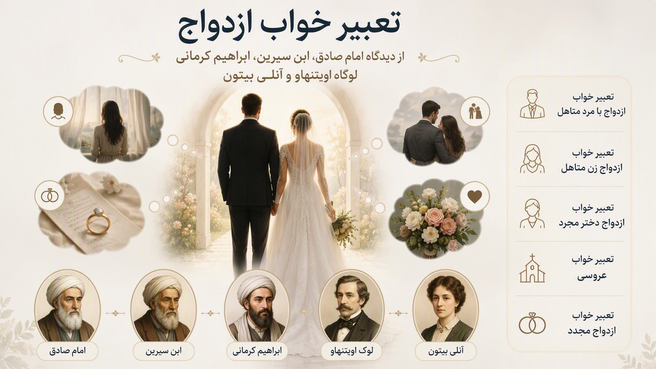 تعبیر خواب ازدواج با مرد متاهل, تعبیر خواب ازدواج زن متاهل, تعبیر خواب ازدواج دختر مجرد, تعبیر خواب عروسی, تعبیر خواب ازدواج مجدد, امام صادق, ابن سیرین, ابراهیم کرمانی, لوک اویتنهاو, آنلی بیتون,