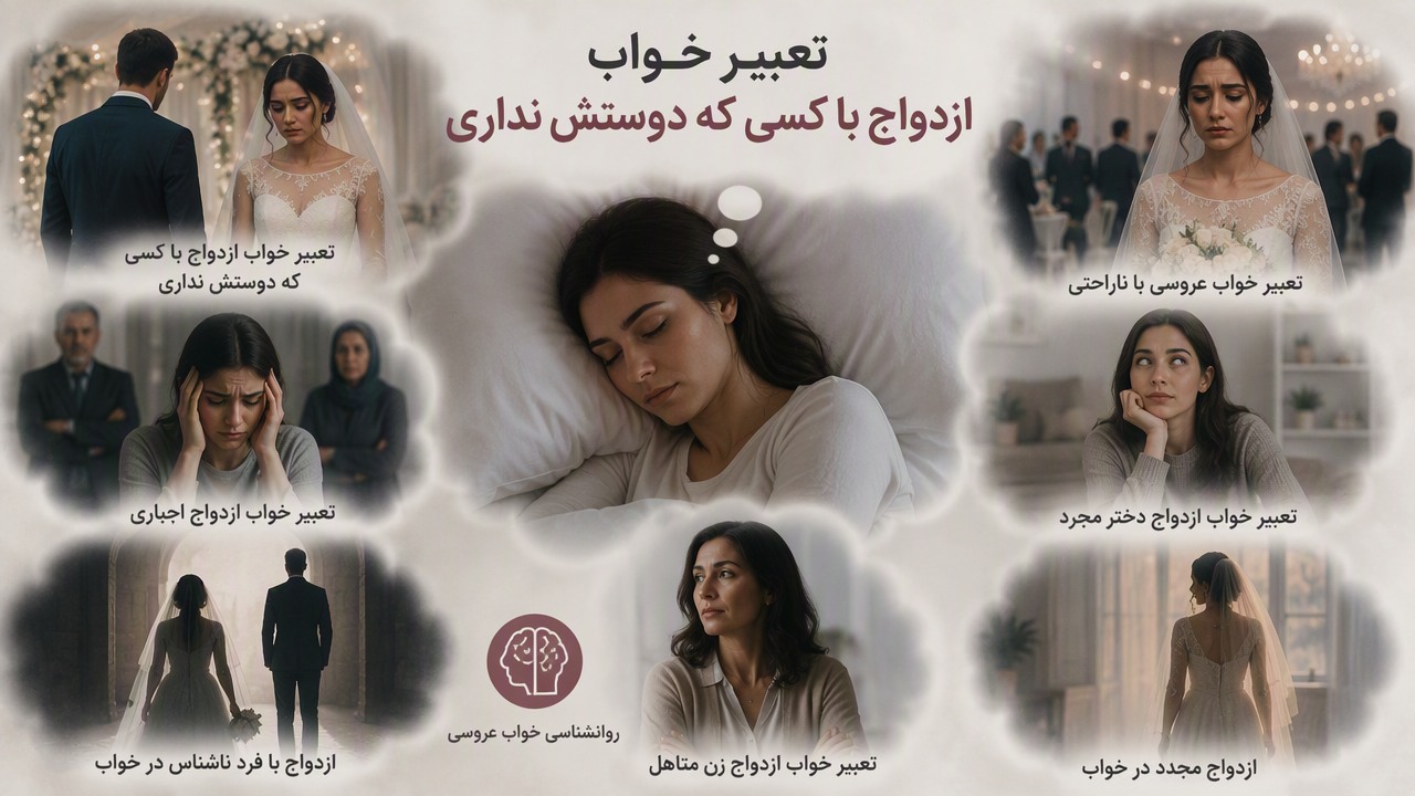 تعبیر خواب ازدواج با کسی که دوستش نداری, تعبیر خواب ازدواج اجباری, ازدواج با فرد ناشناس در خواب, تعبیر خواب عروسی با ناراحتی, تعبیر خواب ازدواج دختر مجرد, ازدواج مجدد در خواب, تعبیر خواب ازدواج زن متاهل, روانشناسی خواب عروسی, 