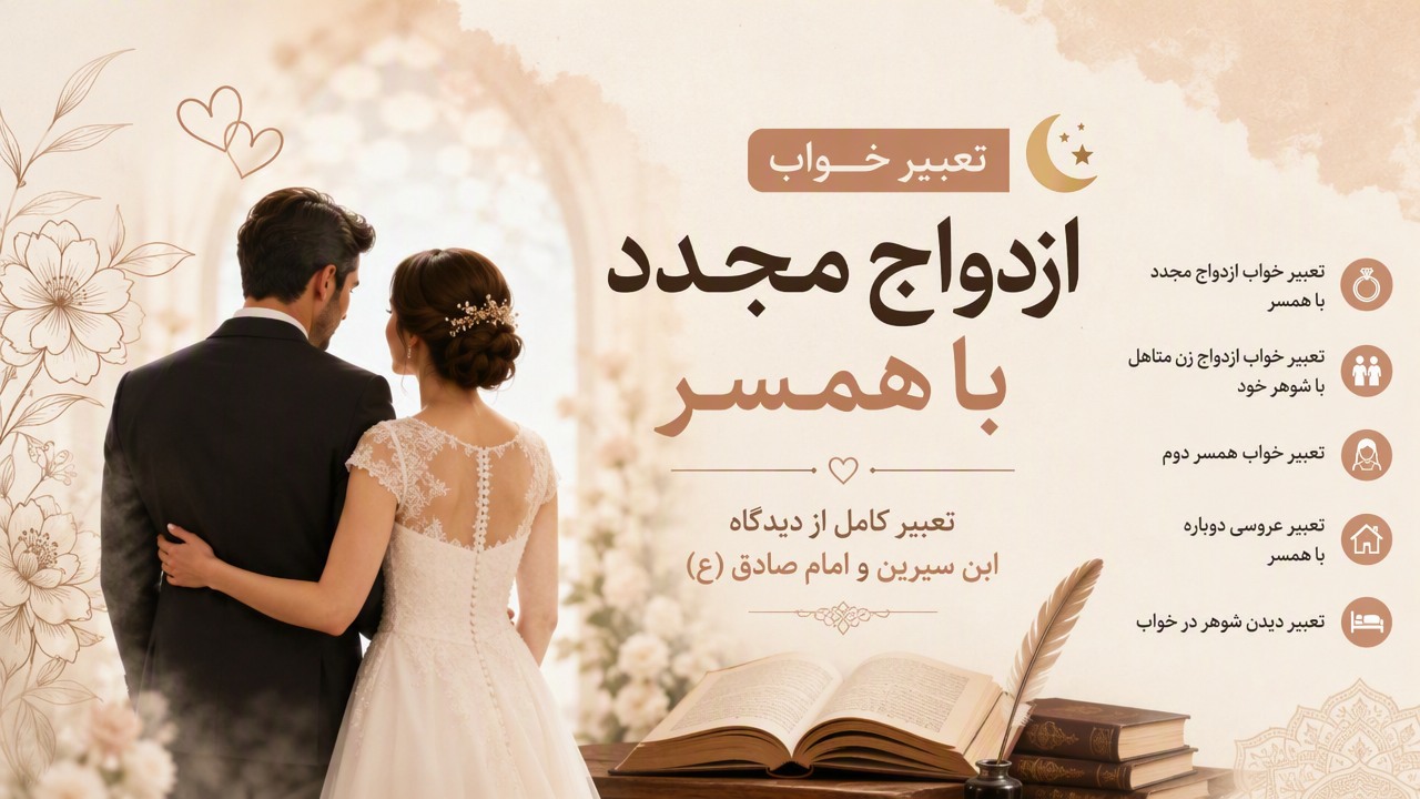 تعبیر خواب ازدواج مجدد با همسر, تعبیر خواب ازدواج زن متاهل با شوهر خود, تعبیر خواب ازدواج دوباره, تعبیر خواب همسر دوم, تعبیر خواب ازدواج از ابن سیرین, تعبیر خواب امام صادق درباره ازدواج, ازدواج مجدد در خواب, تعبیر عروسی دوباره با همسر, تعبیر دیدن شوهر در خواب, 