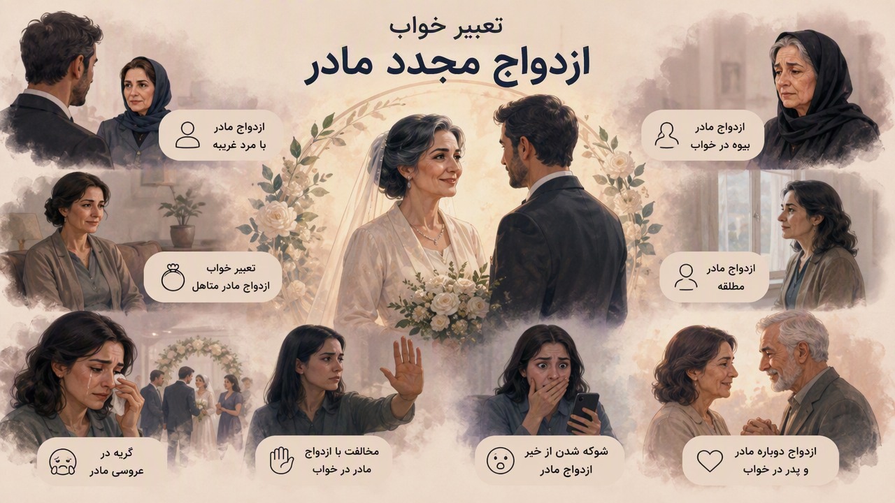 تعبیر خواب ازدواج مجدد مادر, ازدواج مادر با مرد غریبه, تعبیر خواب ازدواج مادر متاهل, ازدواج مادر بیوه در خواب, ازدواج مادر مطلقه, گریه در عروسی مادر, مخالفت با ازدواج مادر در خواب, شوکه شدن از خبر ازدواج مادر, ازدواج دوباره مادر و پدر در خواب, 