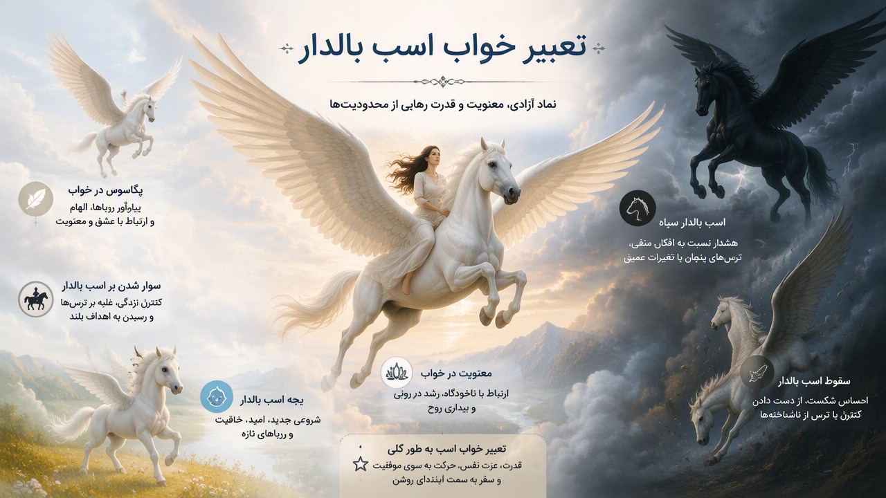 تعبیر خواب اسب بالدار, پگاسوس در خواب, تعبیر اسب بالدار سفید, سوار شدن بر اسب بالدار, سقوط اسب بالدار, اسب بالدار سیاه, بچه اسب بالدار, تعبیر خواب اسب, معنویت در خواب, نماد آزادی در خواب, 