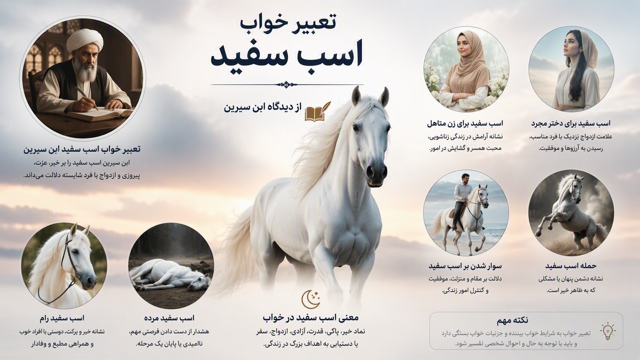 تعبیر خواب اسب سفید, تعبیر خواب اسب سفید ابن سیرین, معنی اسب سفید در خواب, اسب سفید برای زن متاهل, اسب سفید برای دختر مجرد, سوار شدن بر اسب سفید, حمله اسب سفید, اسب سفید رام, اسب سفید مرده,