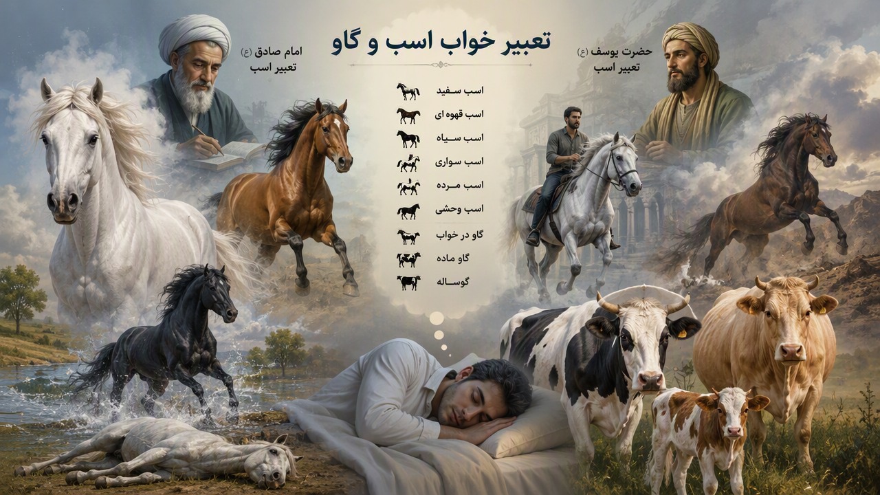 تعبیر خواب اسب, تعبیر خواب گاو, اسب سفید, اسب قهوه ای, اسب سیاه, اسب سواری, گاو در خواب, امام صادق تعبیر اسب, حضرت یوسف تعبیر اسب, اسب مرده, گاو ماده, گوساله, اسب وحشی, 