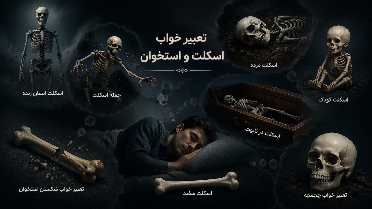 تعبیر خواب اسکلت, تعبیر خواب استخوان, اسکلت انسان زنده, اسکلت مرده, حمله اسکلت, اسکلت کودک, اسکلت در تابوت, اسکلت سفید, تعبیر خواب جمجمه, تعبیر خواب شکستن استخوان, 