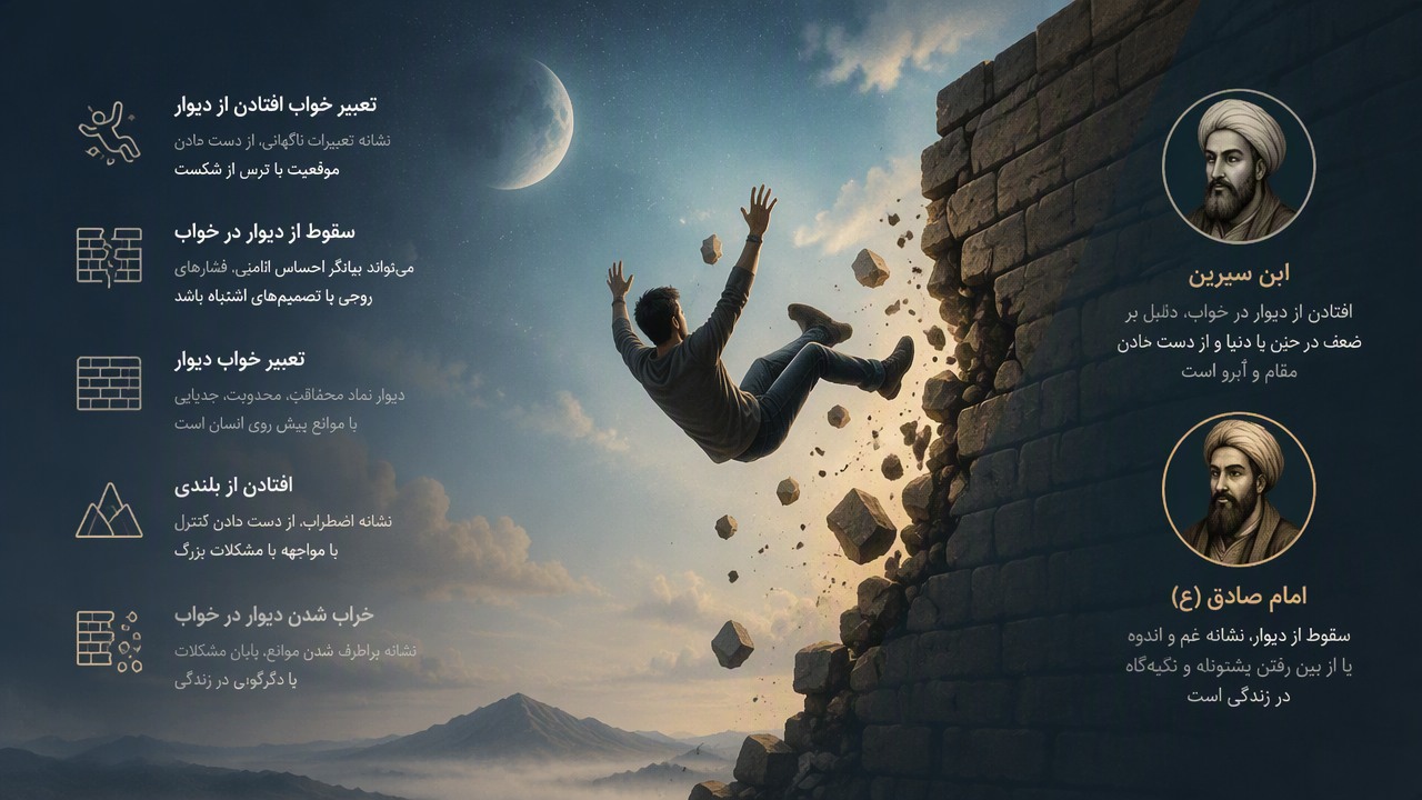 تعبیر خواب افتادن از دیوار, سقوط از دیوار در خواب, تعبیر خواب دیوار, افتادن از بلندی, ابن سیرین افتادن, امام صادق تعبیر سقوط, خراب شدن دیوار در خواب, 