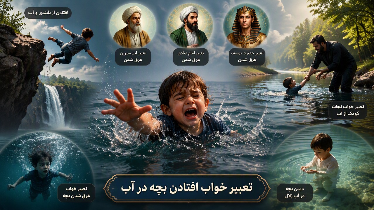 تعبیر خواب افتادن بچه در آب, تعبیر خواب غرق شدن بچه, تعبیر خواب نجات کودک از آب, افتادن کودک در رودخانه, سقوط در آب در خواب, تعبیر ابن سیرین غرق شدن, تعبیر امام صادق غرق شدن, تعبیر حضرت یوسف غرق شدن, افتادن از بلندی و آب, دیدن بچه در آب زلال,
