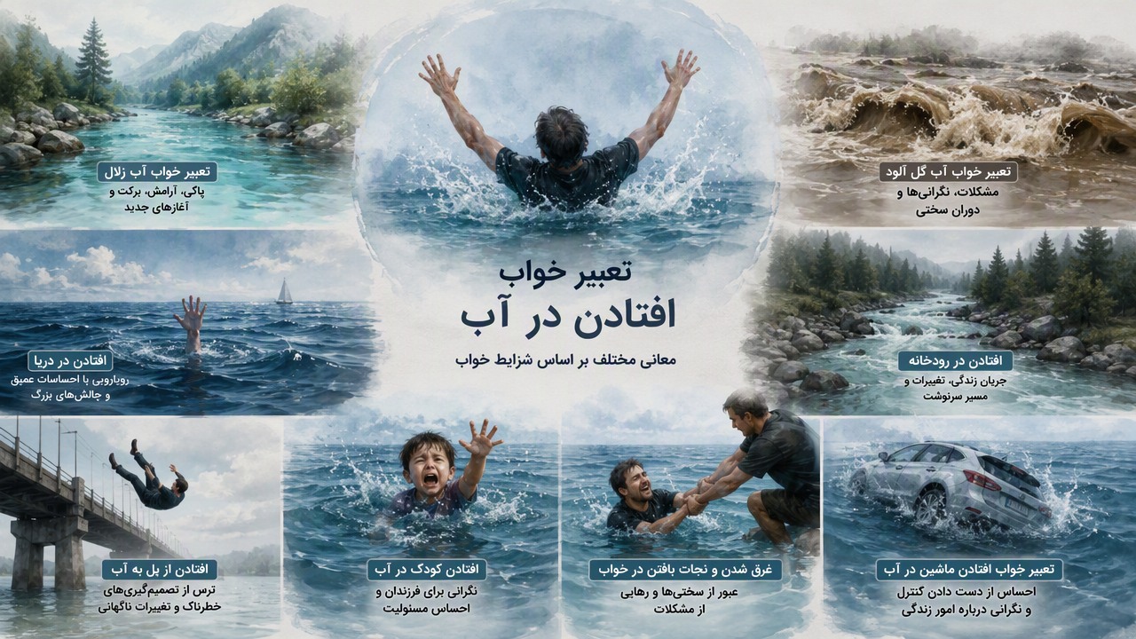 تعبیر خواب افتادن در آب, معنی افتادن در آب در خواب, تعبیر خواب آب زلال, تعبیر خواب آب گل آلود, غرق شدن و نجات یافتن در خواب, افتادن در رودخانه, افتادن در دریا, تعبیر خواب افتادن از پل به آب, افتادن کودک در آب, تعبیر خواب افتادن ماشین در آب,